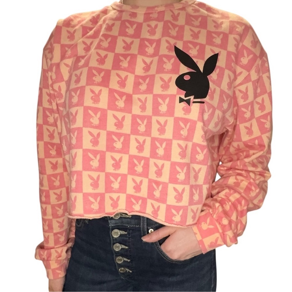 PLAYBOY Pink and Cream Checkered Women's Sweater